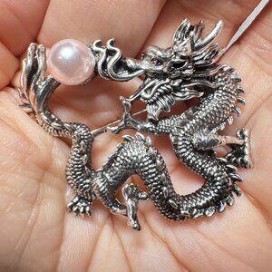 Dragon Brooch Silver Tone Pearl Vintage Style Statement Pin
